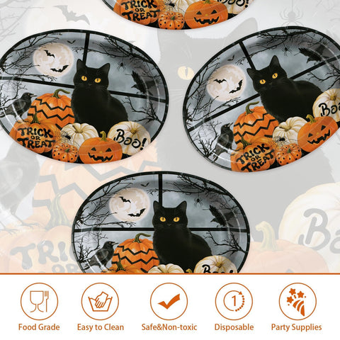 50Pcs Halloween Black Cat Pumpkin Oval Paper Plates - Grencian