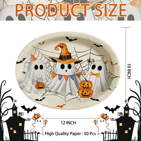 50Pcs Halloween Ghost Oval Paper Plates - Grencian