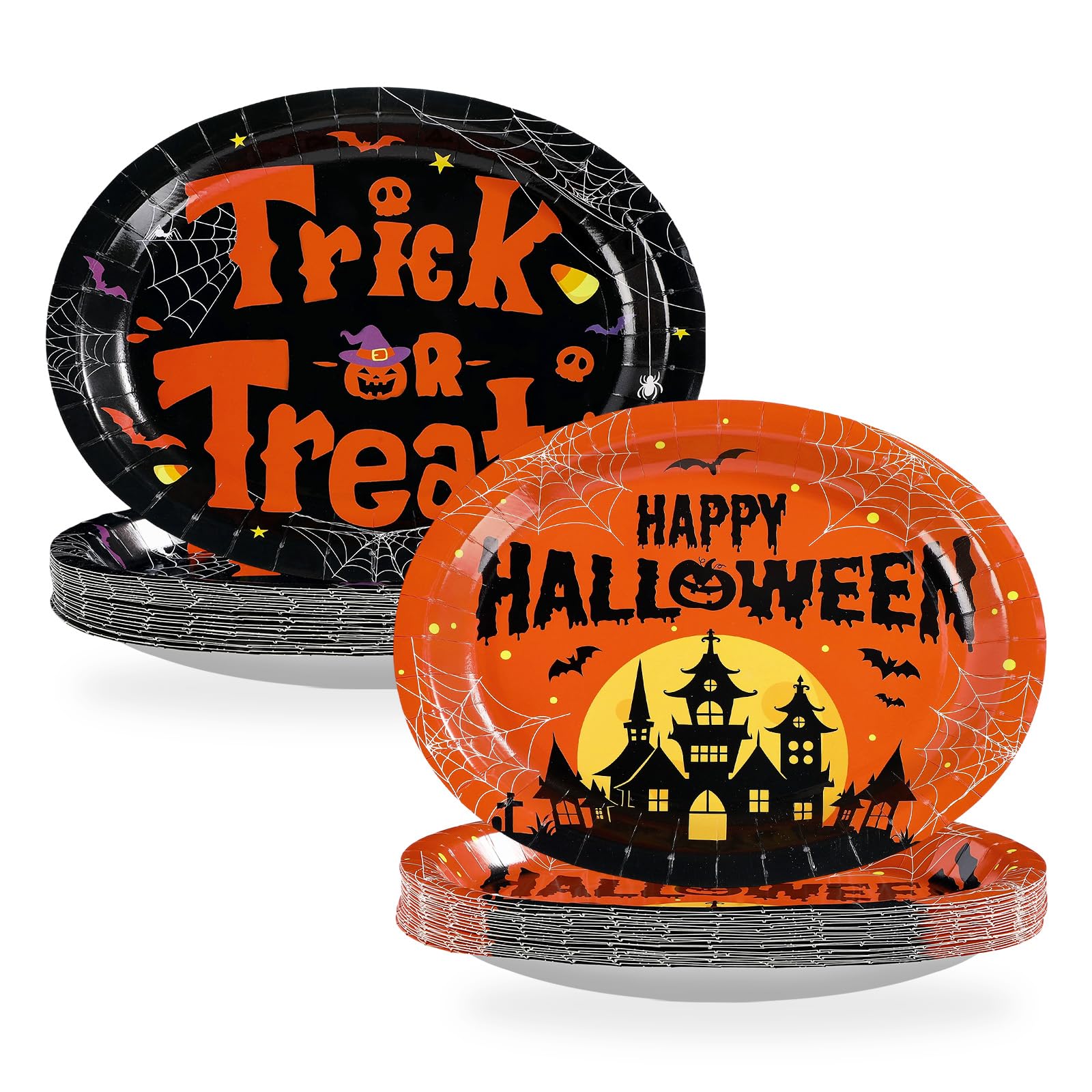 50Pcs Halloween Pumpkin Castle Oval Paper Plates - Grencian