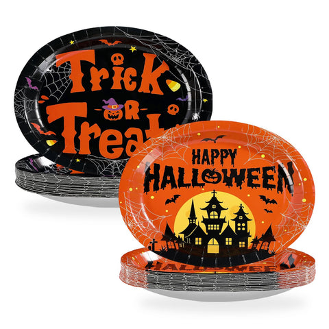 50Pcs Halloween Pumpkin Castle Oval Paper Plates - Grencian