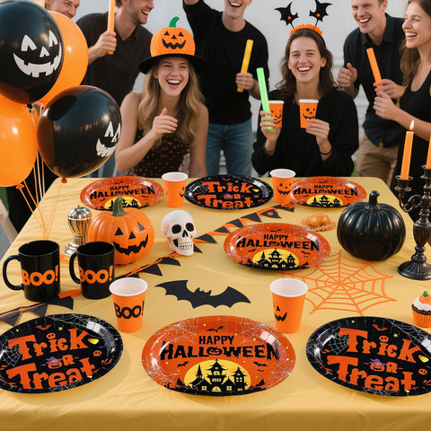 50Pcs Halloween Pumpkin Castle Oval Paper Plates - Grencian