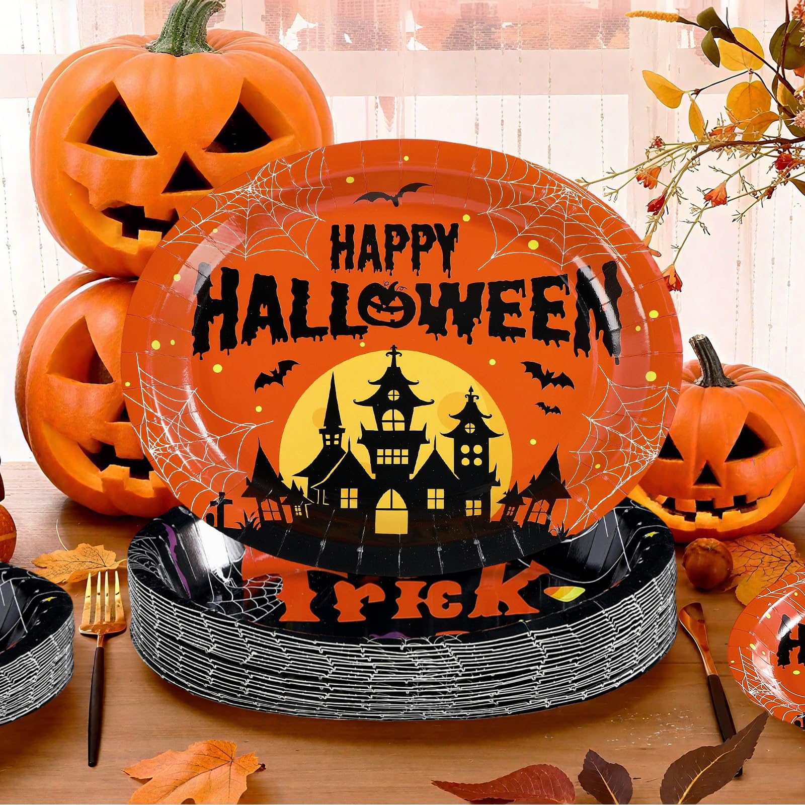50Pcs Halloween Pumpkin Castle Oval Paper Plates - Grencian