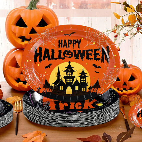50Pcs Halloween Pumpkin Castle Oval Paper Plates - Grencian