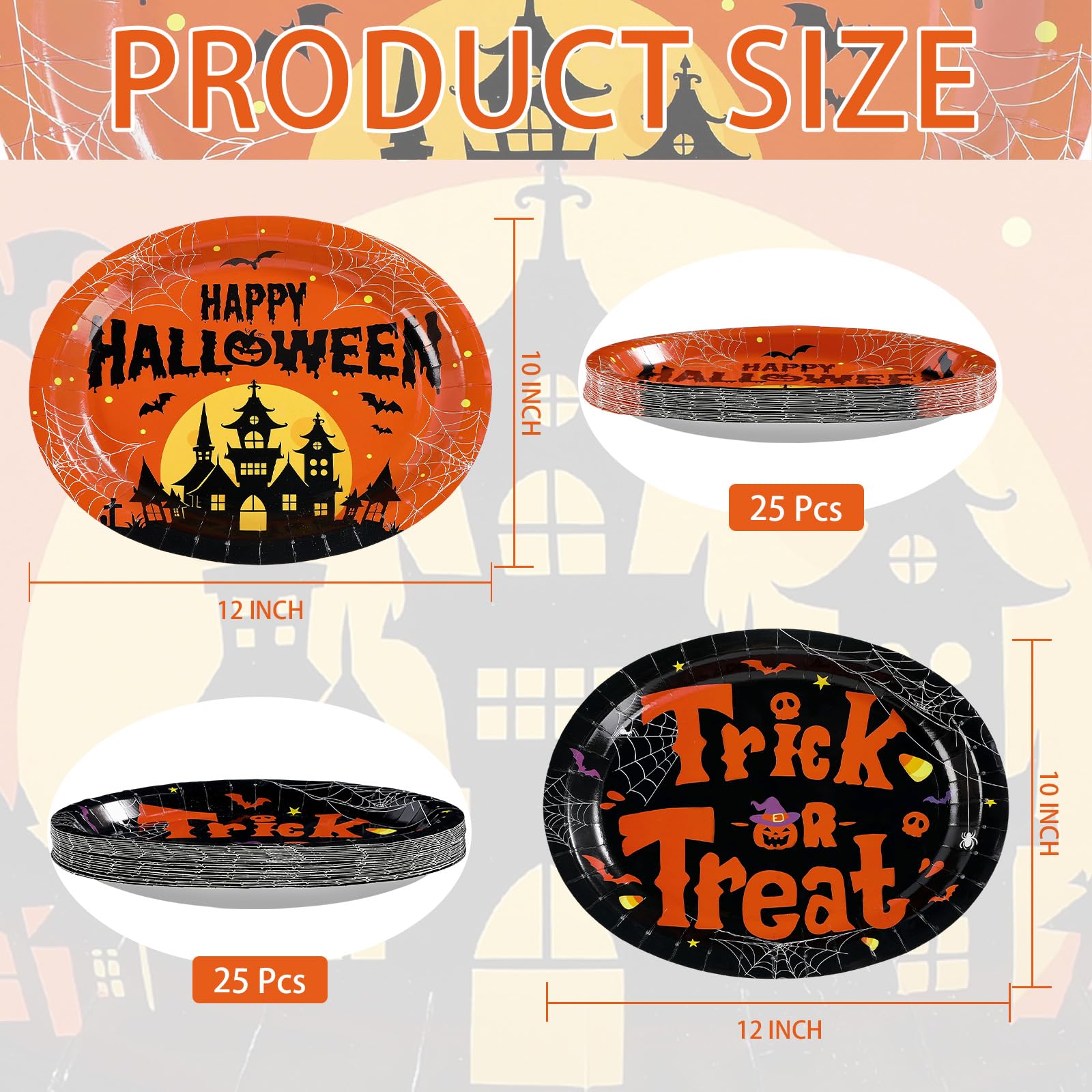 50Pcs Halloween Pumpkin Castle Oval Paper Plates - Grencian