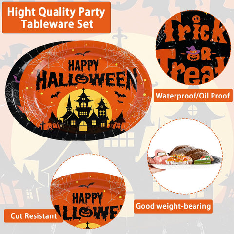 50Pcs Halloween Pumpkin Castle Oval Paper Plates - Grencian