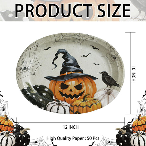 50Pcs Halloween Pumpkin Oval Paper Plates - Grencian