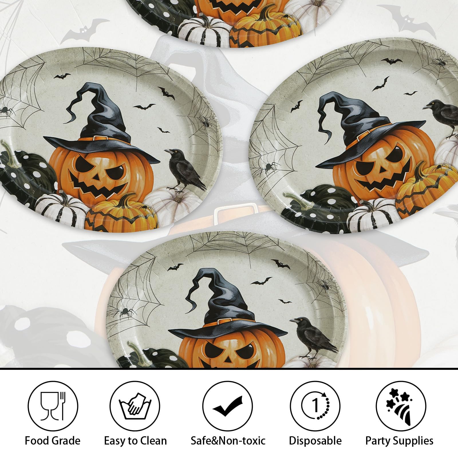 50Pcs Halloween Pumpkin Oval Paper Plates - Grencian