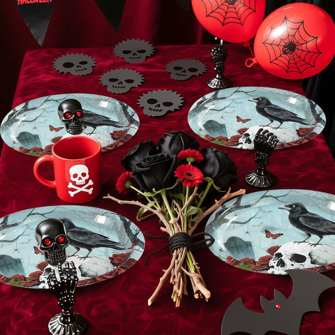 50Pcs Halloween Rose Crow Skull Oval Paper Plates - Grencian