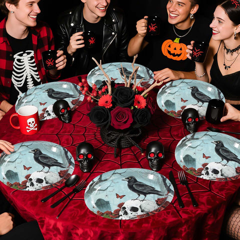 50Pcs Halloween Rose Crow Skull Oval Paper Plates - Grencian