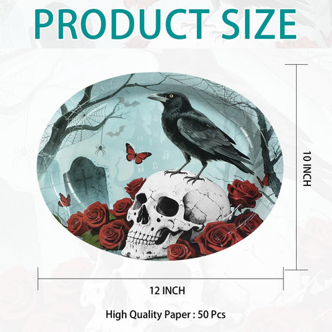 50Pcs Halloween Rose Crow Skull Oval Paper Plates - Grencian
