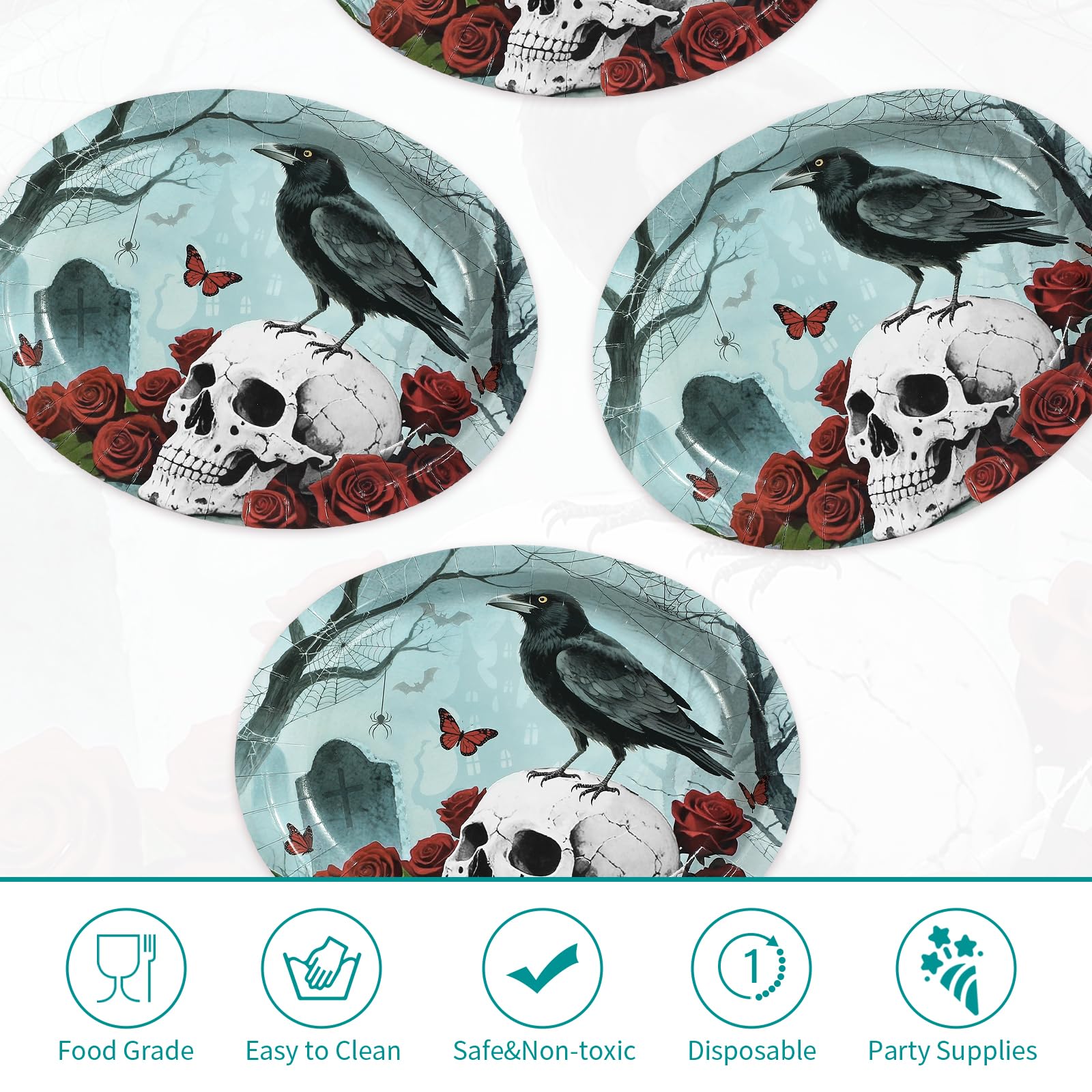 50Pcs Halloween Rose Crow Skull Oval Paper Plates - Grencian