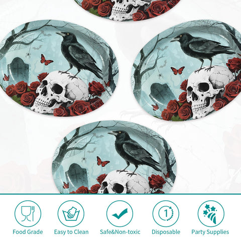 50Pcs Halloween Rose Crow Skull Oval Paper Plates - Grencian