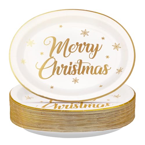 50Pcs Merry Christmas Oval Paper Plates - Grencian