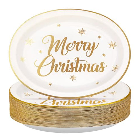 50Pcs Merry Christmas Oval Paper Plates - Grencian
