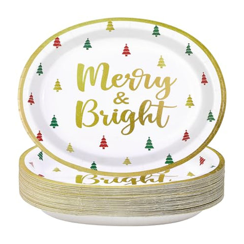 50Pcs Merry Christmas Tree Oval Paper Plates - Grencian
