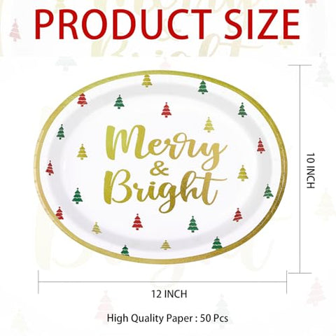 50Pcs Merry Christmas Tree Oval Paper Plates - Grencian