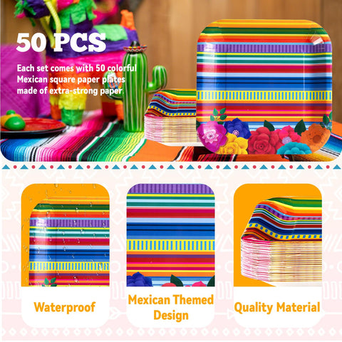 50Pcs Mexican Floral Square Paper Plates - Grencian