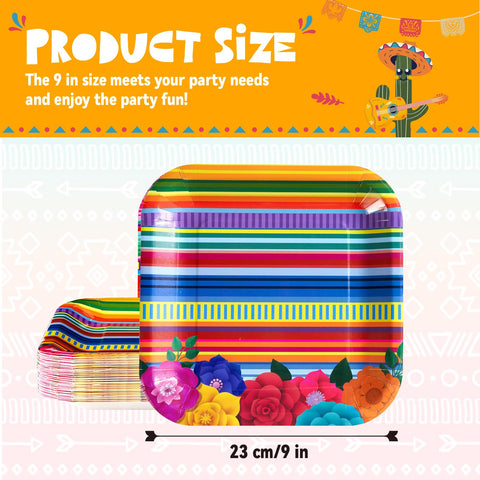 50Pcs Mexican Floral Square Paper Plates - Grencian