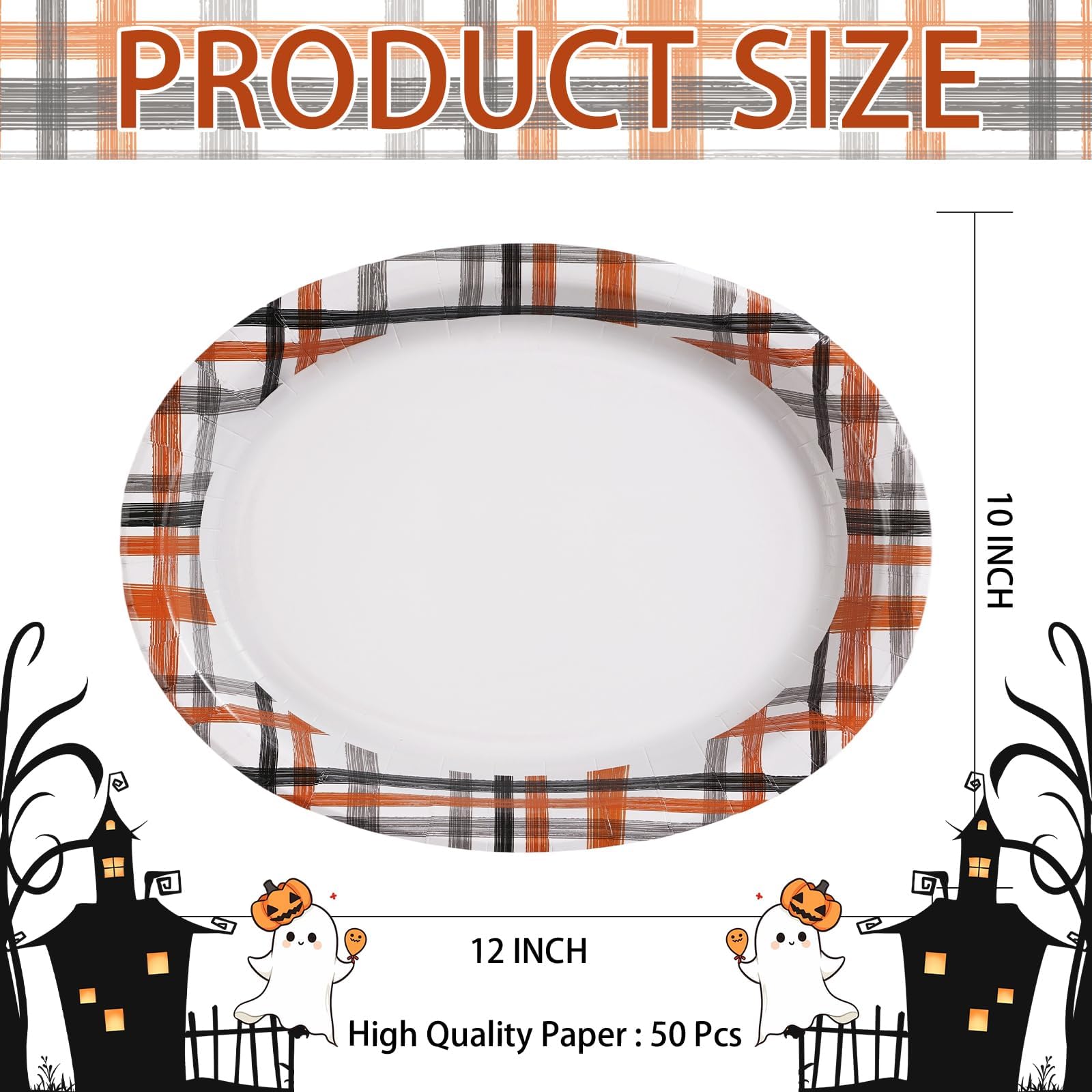 50Pcs Orange Black Plaid Oval Paper Plates - Grencian