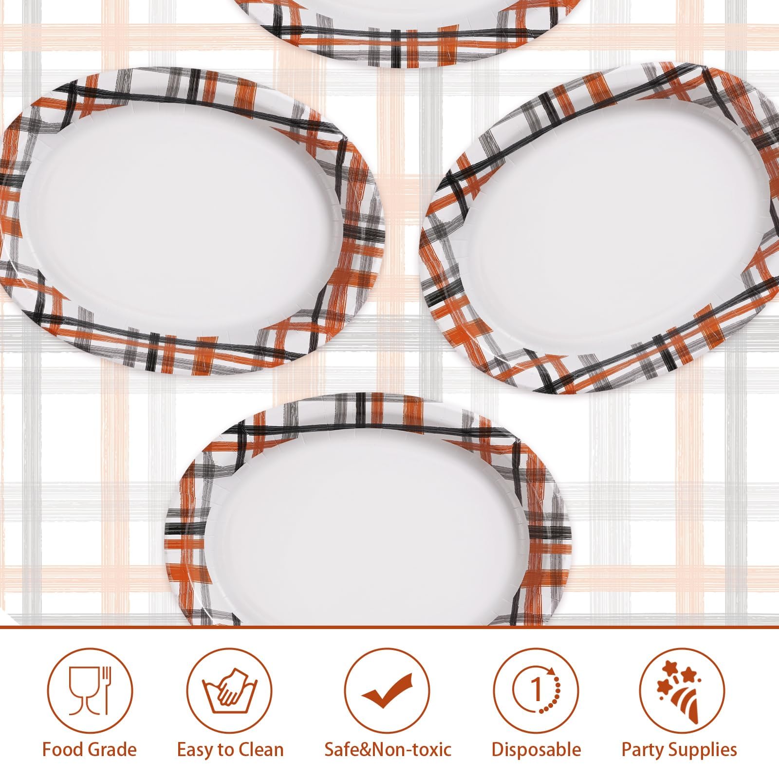 50Pcs Orange Black Plaid Oval Paper Plates - Grencian