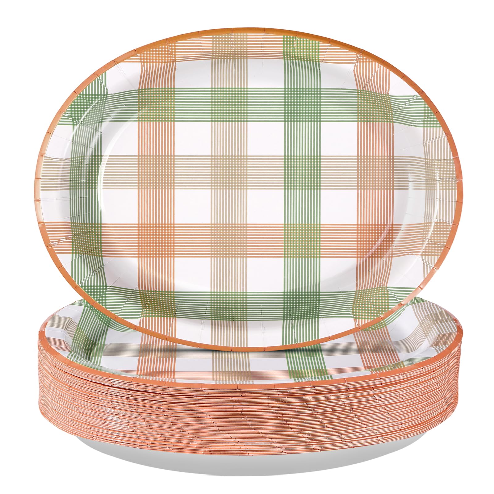 50Pcs Orange Green Plaid Oval Paper Plates - Grencian