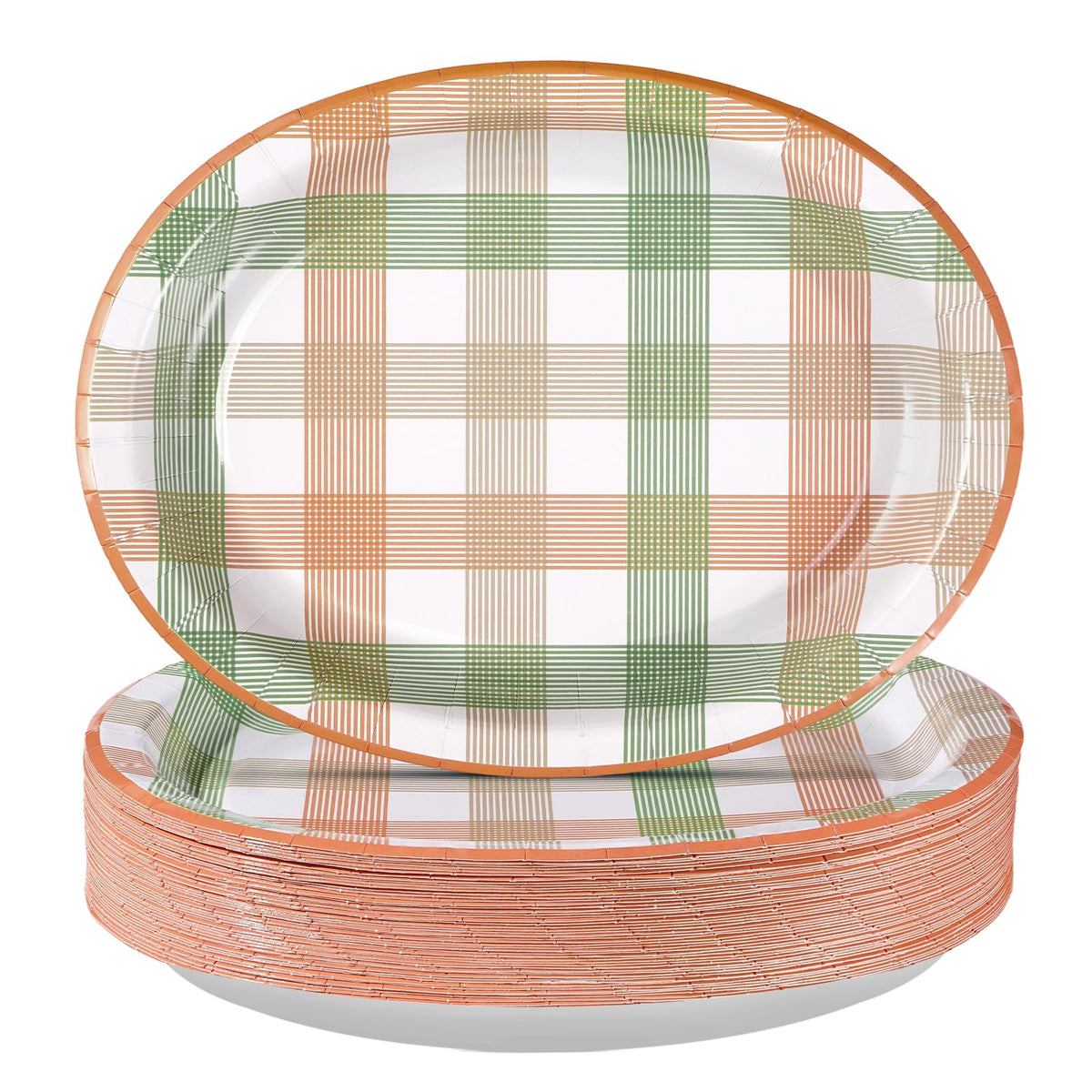 50Pcs Orange Green Plaid Oval Paper Plates - Grencian