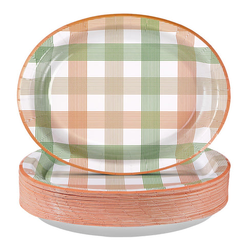 50Pcs Orange Green Plaid Oval Paper Plates - Grencian