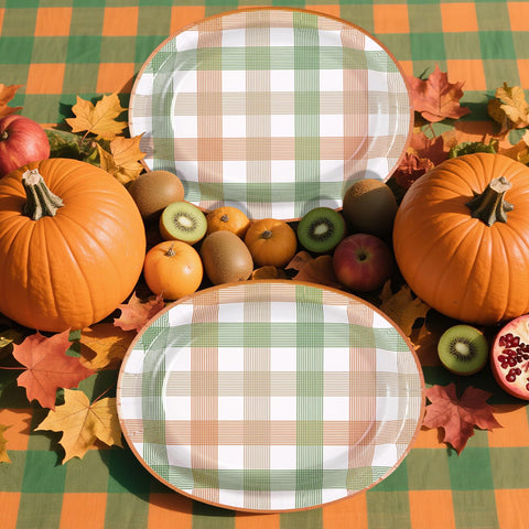 50Pcs Orange Green Plaid Oval Paper Plates - Grencian
