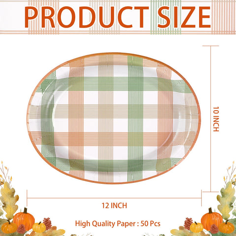 50Pcs Orange Green Plaid Oval Paper Plates - Grencian