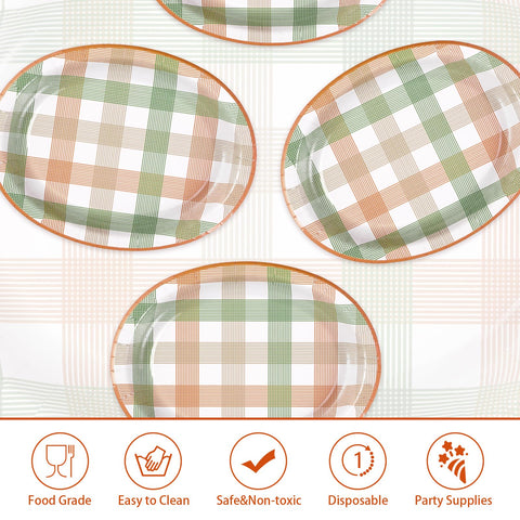 50Pcs Orange Green Plaid Oval Paper Plates - Grencian