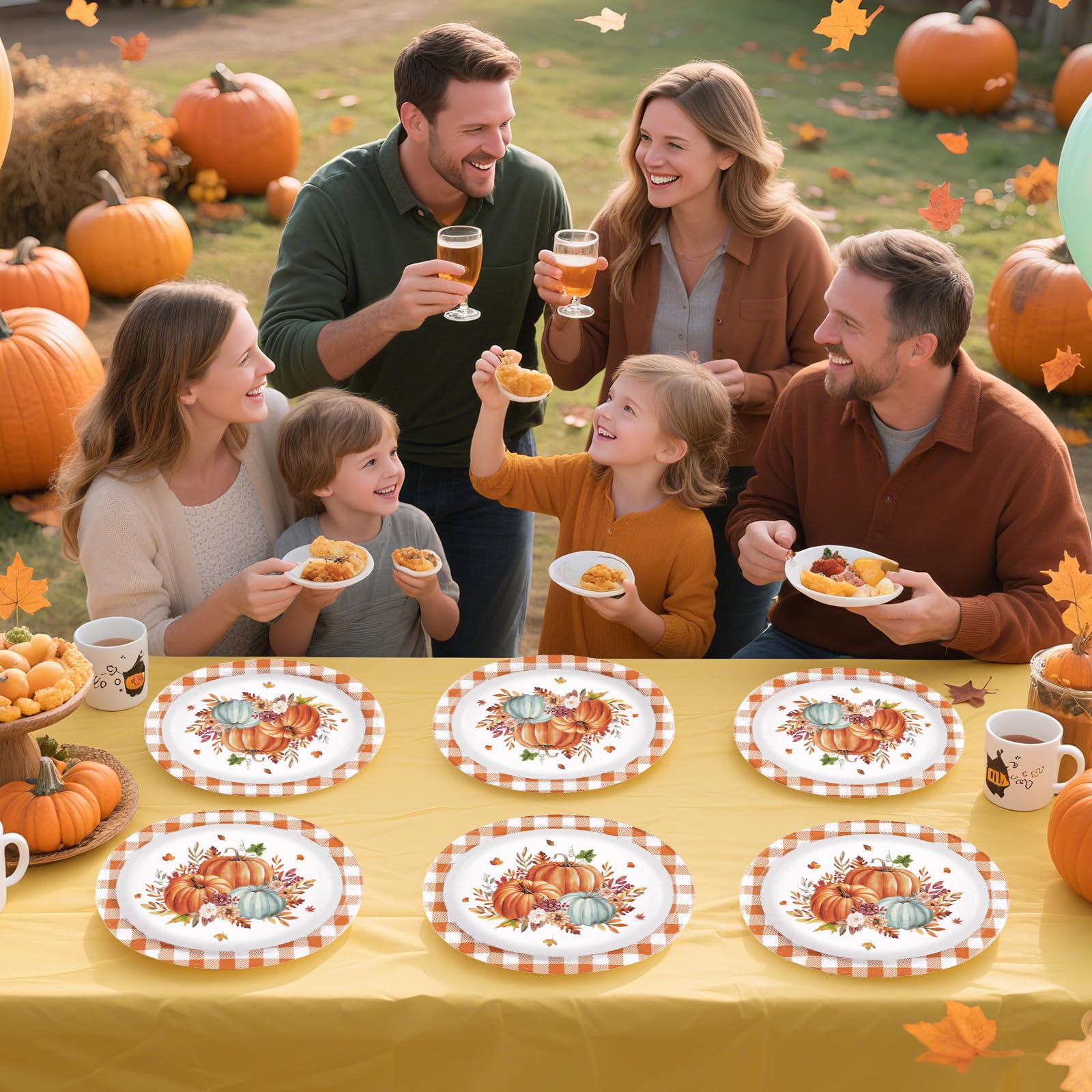 50Pcs Orange Grid Pumpkin Oval Paper Plates - Grencian