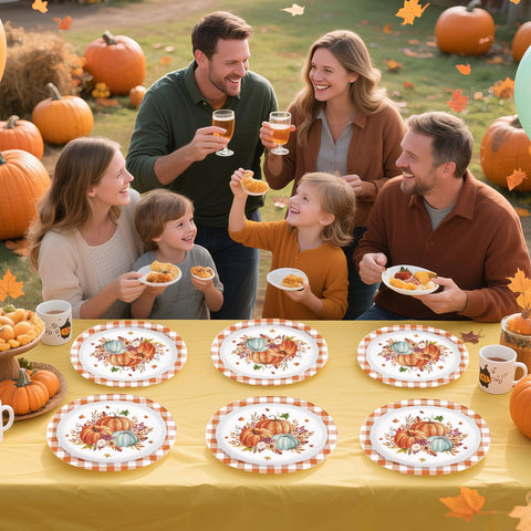 50Pcs Orange Grid Pumpkin Oval Paper Plates - Grencian