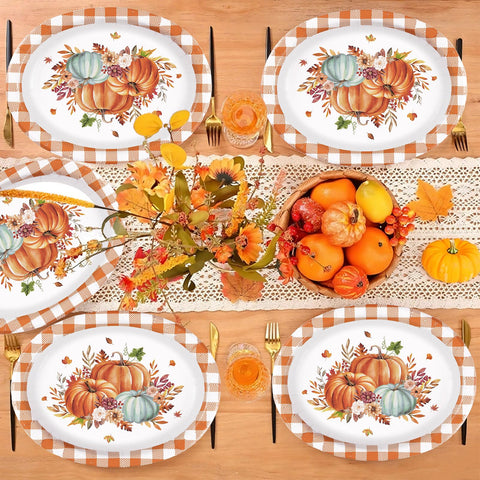 50Pcs Orange Grid Pumpkin Oval Paper Plates - Grencian