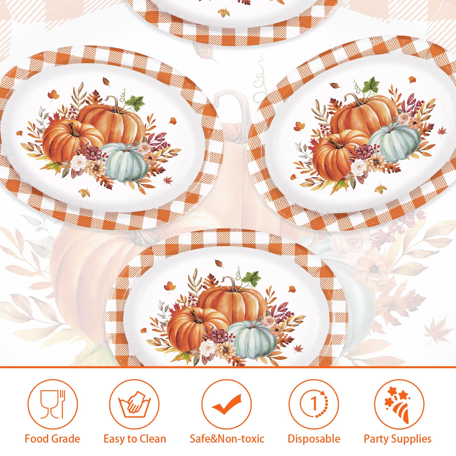 50Pcs Orange Grid Pumpkin Oval Paper Plates - Grencian