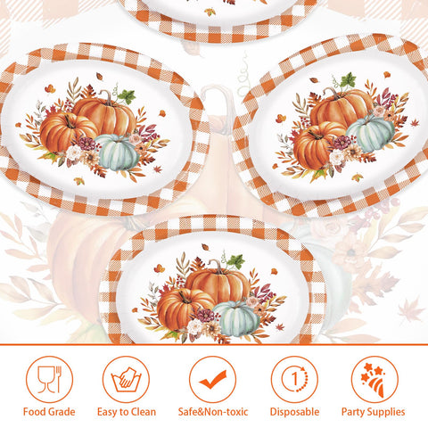 50Pcs Orange Grid Pumpkin Oval Paper Plates - Grencian