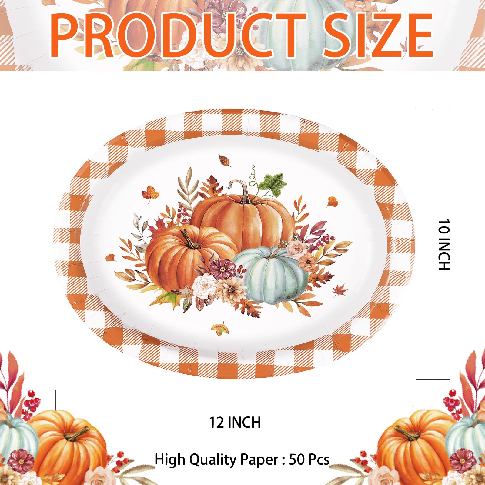50Pcs Orange Grid Pumpkin Oval Paper Plates - Grencian