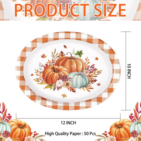 50Pcs Orange Grid Pumpkin Oval Paper Plates - Grencian
