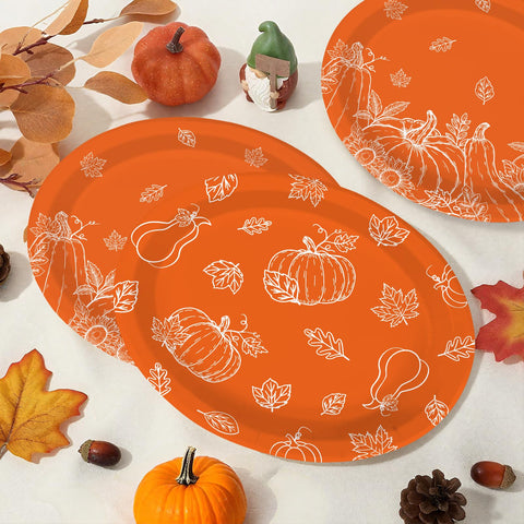 50Pcs Orange Pumpkin Oval Paper Plates - Grencian