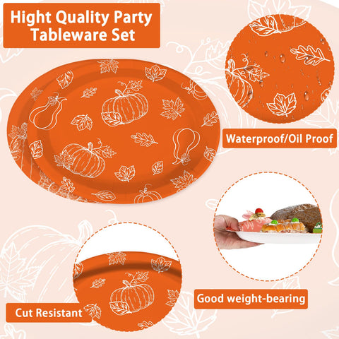 50Pcs Orange Pumpkin Oval Paper Plates - Grencian