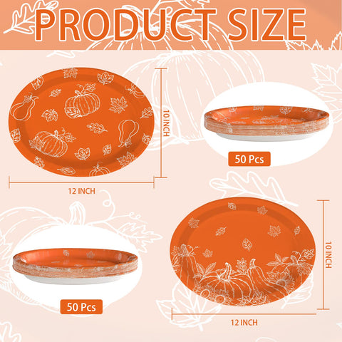 50Pcs Orange Pumpkin Oval Paper Plates - Grencian