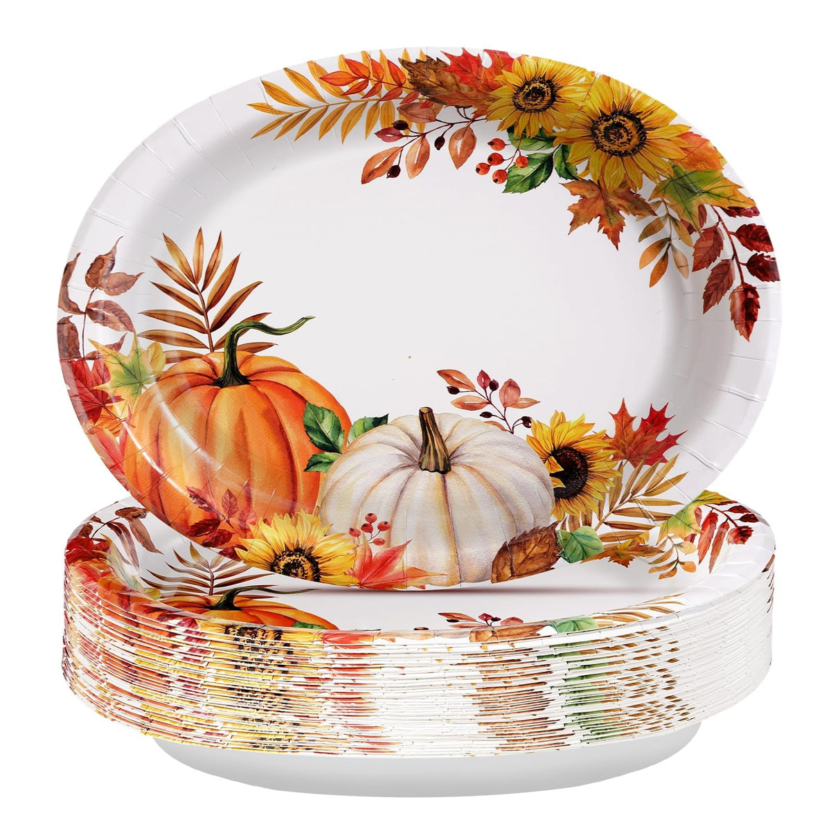 50Pcs Orange White Pumpkin Oval Paper Plates - Grencian