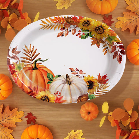 50Pcs Orange White Pumpkin Oval Paper Plates - Grencian