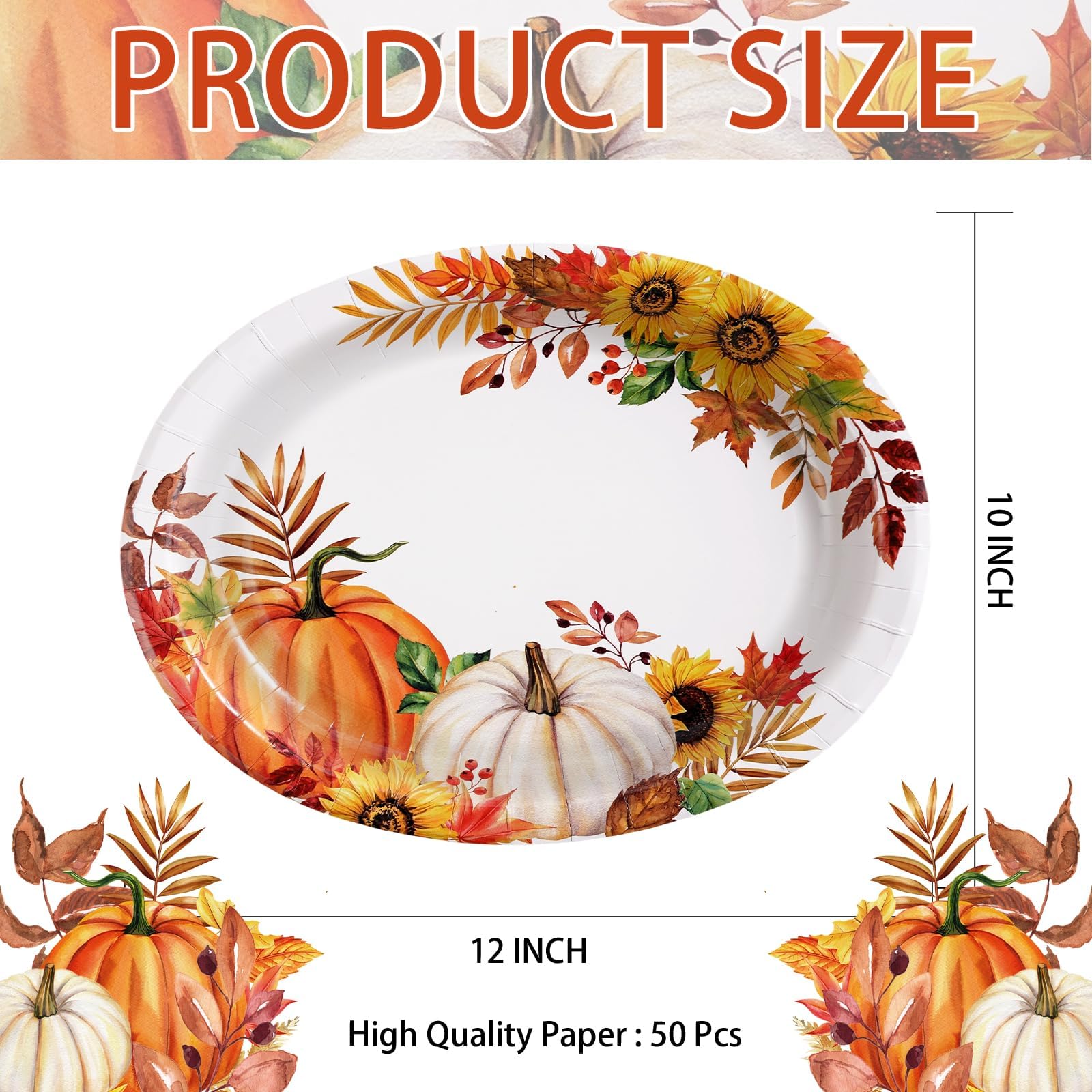 50Pcs Orange White Pumpkin Oval Paper Plates - Grencian