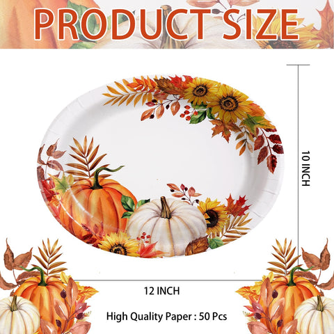 50Pcs Orange White Pumpkin Oval Paper Plates - Grencian