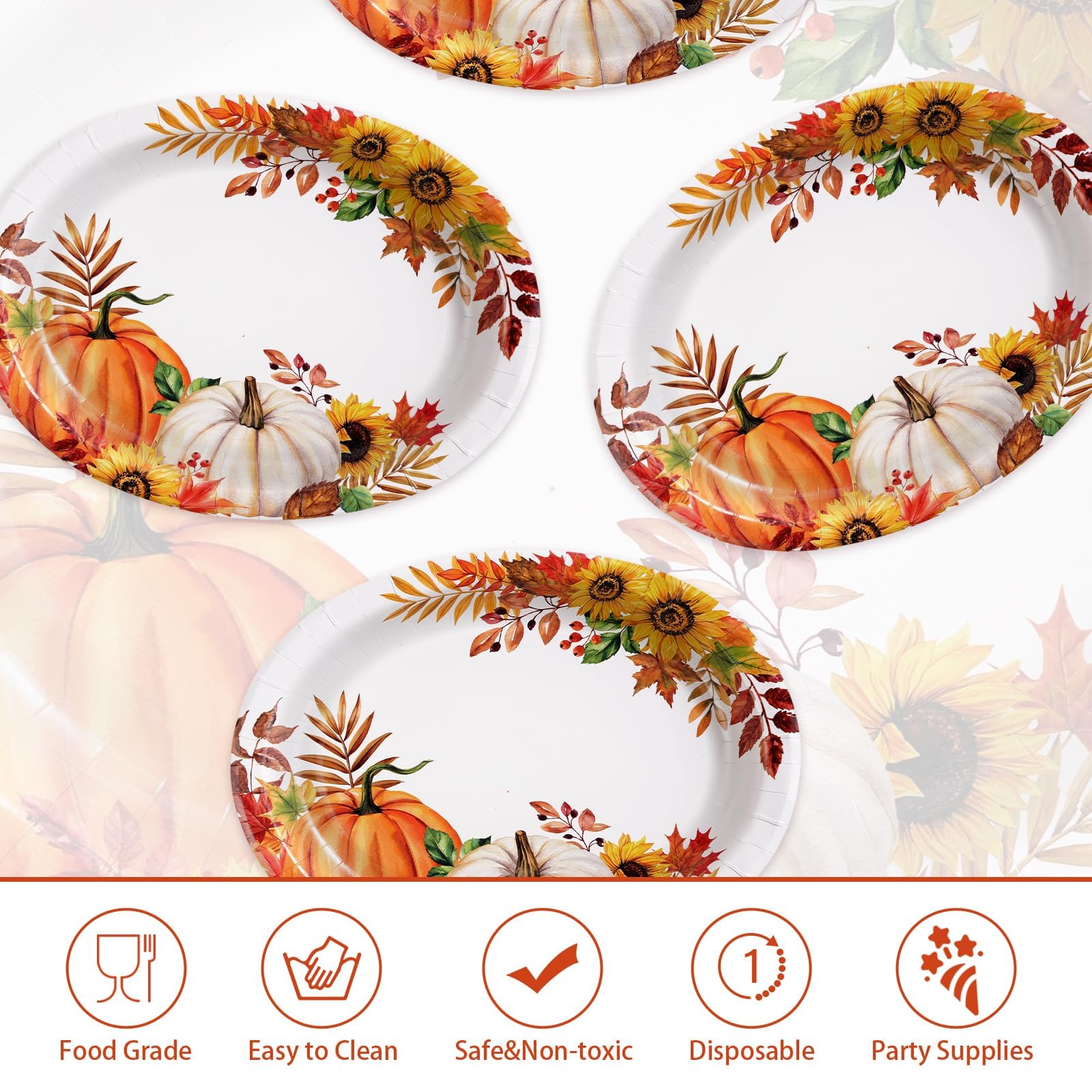 50Pcs Orange White Pumpkin Oval Paper Plates - Grencian