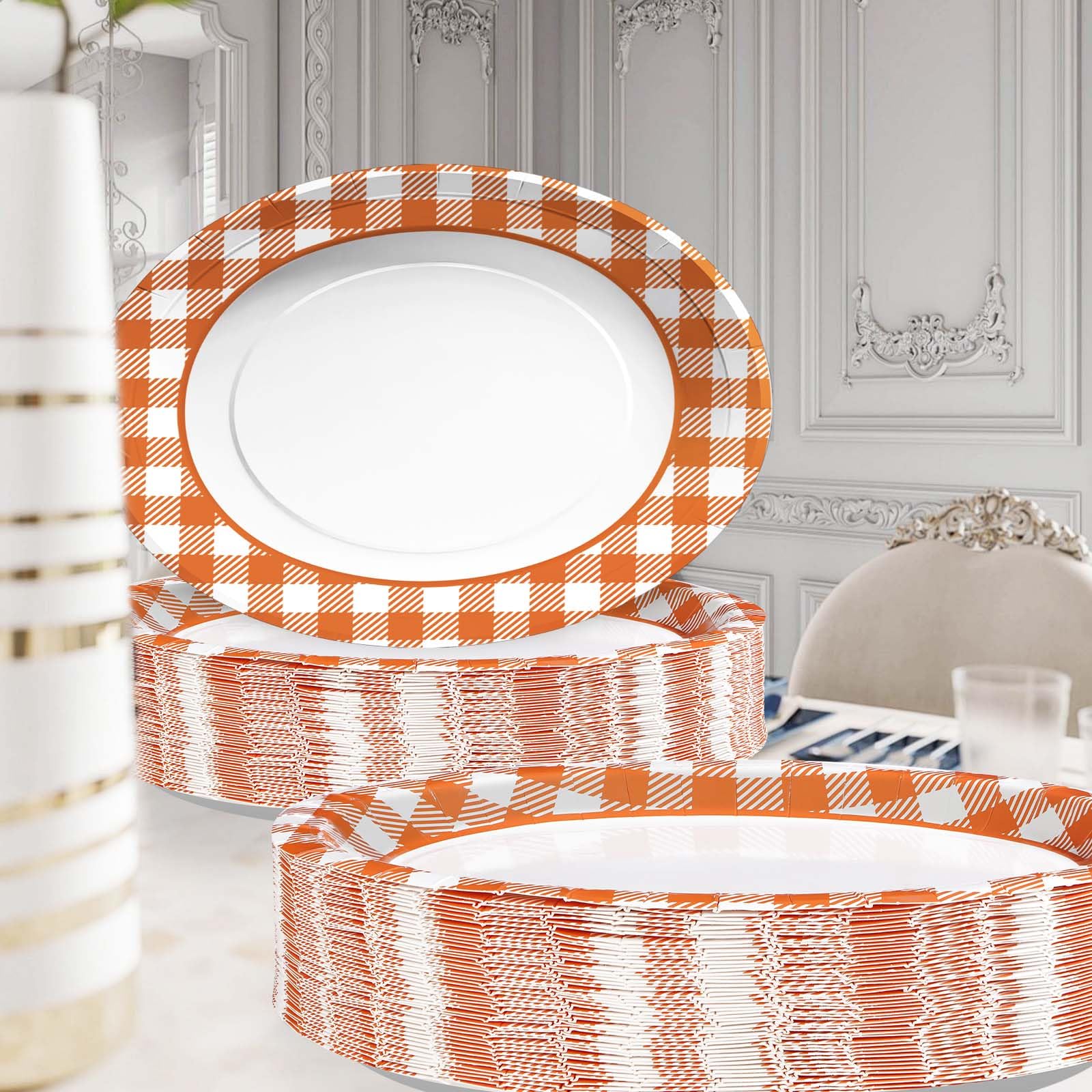 50Pcs Orange and White Plaid Oval Paper Plates - Grencian