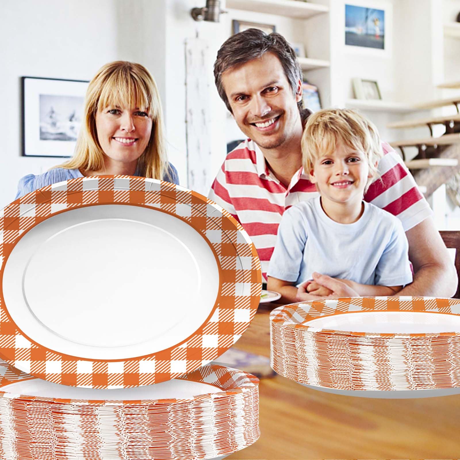 50Pcs Orange and White Plaid Oval Paper Plates - Grencian