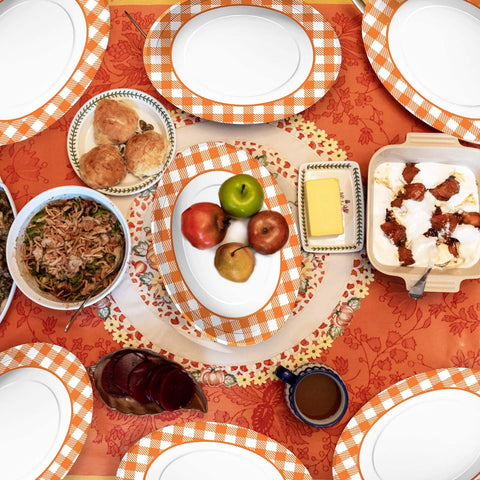 50Pcs Orange and White Plaid Oval Paper Plates - Grencian