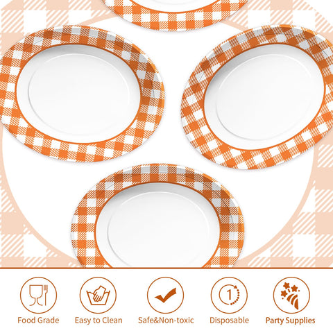 50Pcs Orange and White Plaid Oval Paper Plates - Grencian