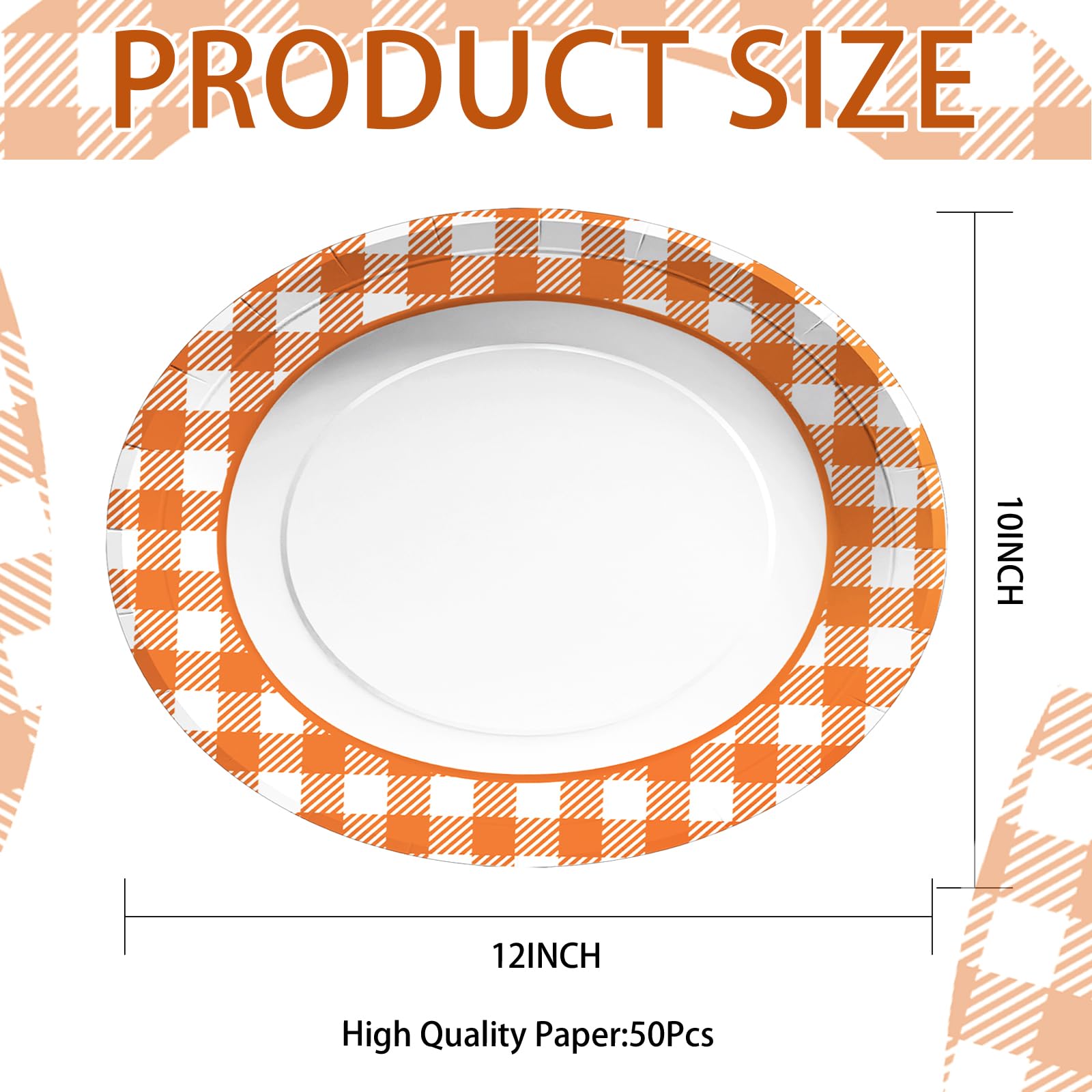 50Pcs Orange and White Plaid Oval Paper Plates - Grencian